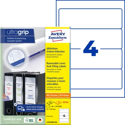 Produktbild von Avery Zweckform L4761REV-20, Ordner-Etiketten, ablösbar, A4, Qualitätsdruck mit: ultragrip, 61 x 192 mm, 120 Etiketten / 30 Bögen, weiß