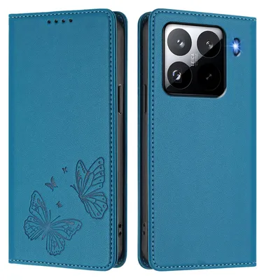 Produktbild von Lederhülle für Xiaomi 15 Pro, Schmetterling Prägung Leder Brieftasche Schutzhülle mit Ständer Blau