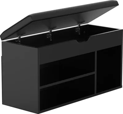 A black shoe cabinet with an open lid, showing storage compartments.