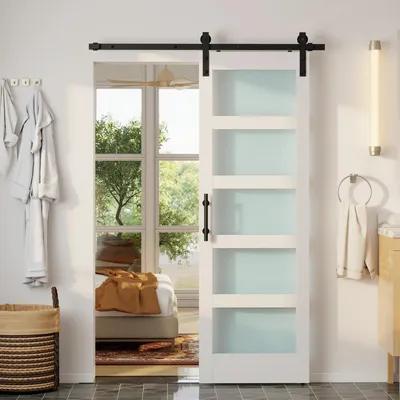 Imagen del producto de Puerta Corredera Interior 71x213 cm con Kit de Montaje, MDF y Vidrio Esmerilado, Riel y Herrajes, Blanco