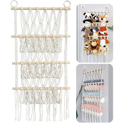Produktbild von Plüschspielzeug-Aufbewahrungsnetz,Boho-Stil Hängesack,3-stufig, 38×78 cm,weiß,ideal für Kinderzimmer zur ordentlichen Aufbewahrung von Kuscheltieren