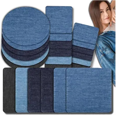 Immagine prodotto di Set di 24 toppe in denim per pantaloni TERMO PATA, varie forme e dimensioni, applicazione termica