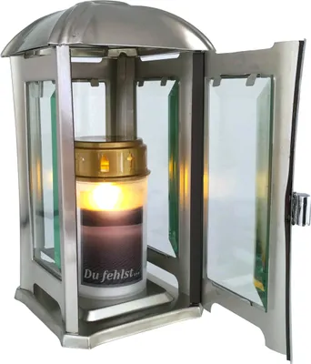 Produktbild von Set Grablaterne Edelstahl abgerundet modern mit Facettenglasscheiben mattiert inkl. LED-Grablicht 24 cm