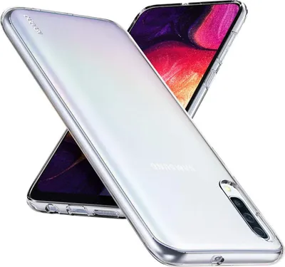 A clear, professional studio shot of a transparent phone case, showcasing the Samsung Galaxy A30s phone inside.