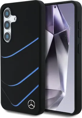 A black phone case with blue curved lines and a Mercedes-Benz logo is shown next to a smartphone.