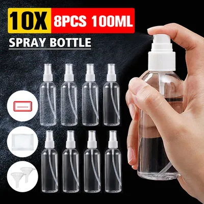 Produktbild von Multifunktions-Sprühflaschen-Set (8×100 ml) mit Trichter – Nachfüllbare Feinsprühflaschen für Haushalt, Kosmetik & Reinigung