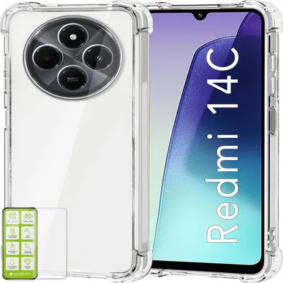 A clear protective phone case is shown with a phone inside, displaying the phone's screen and camera module.
