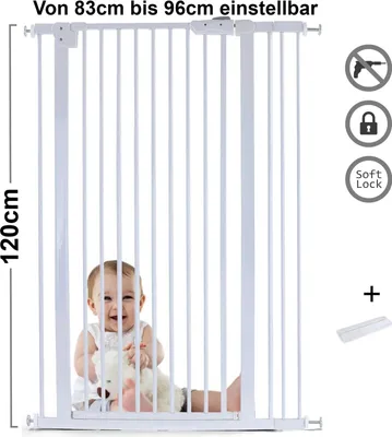Produktbild von Absperrgitter Treppenschutzgitter Metall weiß + Rampe 83 - 96cm 120cm hoch