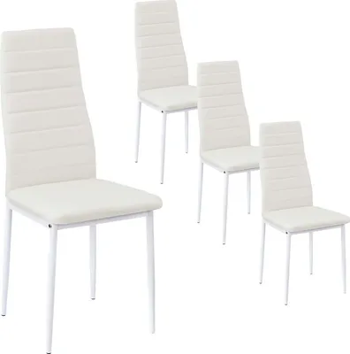 Four white dining chairs with white metal frames are arranged on a white background.
