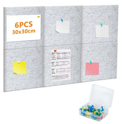 Produktbild von 6 selbstklebende Filz-Pinnwände, 30x30cm, Filzplatten, Korktafeln für die Wand, Pinnwände für Büro, Küche, Memoboards, Fotowand, Korktafel + Reißzwecken