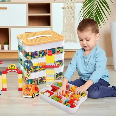 Produktbild von Aufbewahrungsbox für Bausteine - Stapelbarer Spielzeug-Organizer - Sortierfächer - Deckel als Bauplatte - Transparente ABS-Staubschutzbox - 30,5×23×32,5 cm