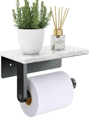 Produktbild von Toilettenpapierhalter aus Marmor mit Ablage, 304 Edelstahl, mit Schraube zur Wandmontage, Taschentuchrollenhalter für Badezimmer, Waschraum, Mattschwarz