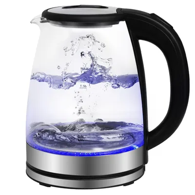 A glass electric kettle with water boiling inside, illuminated by blue LED lights at the base.