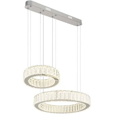 Produktbild von Globo Lighting Hängeleuchte Metall verchromt, K5 Kristalle klar, Chromring, Kabel PVC Transparent, dimmbar, mehrere Stufen über Wandschalter, Farben fixierbar, Memoryfunktion, Nachtlicht, Höhe kürzbar, Fernbedienung, Batterie inkludiert 2x AAA, LxBxH: 630x500x1200mm, Ring-DM: je 1 x 50 cm und 30 cm, inkl. LED 80W 230V, 850-9280lm Source, 563-4405lm Output, CCT 2700-6000K