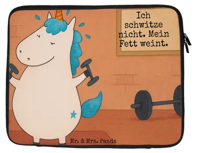 Produktbild von Mr. & Mrs. Panda Laptop Tasche Einhorn Fitness Design 20 x 28 cm - Weiß - Geschenk, Unicorn, Case, Laptoptasche, Computertasche, Hülle, Gym, Laptophülle, Sport, Abnehmen