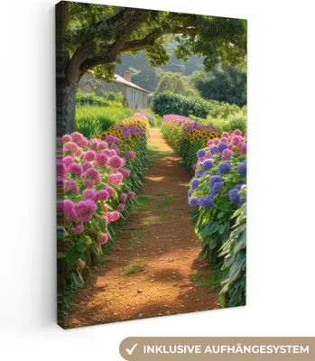 Produktbild von MuchoWow® - Leinwandbilder - Blumen - Weg - Sonnenblumen - Garten - Hortensie, Wandbild, Wanddeko Bilder Wohnzimmer, 40x60 cm