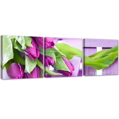 Produktbild von Set mit gemälden auf leinwand lila tulpen in einem blumenstrauß 90x30 cm Feeby rosa wandbild bereit zum aufhängen