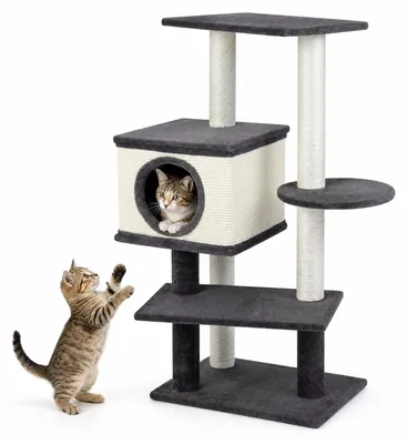 Produktbild von COSTWAY 99cm Kratzbaum, Mehrstöckiger Katzenturm mit Katzhaus, Kratzbrett & Sisalpfosten – Indoor-Aktivitätszentrum, Mehrstöckiger Spielturm, Grau