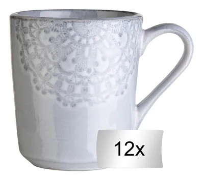 Produktbild von Kaffeetassen - 355 ml - Hellgrau - Steingut - glasiert - mit floraler Prägung - 12er Set