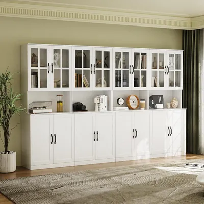 Zdjęcie produktu dla Regal z drzwiami szklanymi i otwartą półką, wysoka szafka o wysokości 180 cm, 5 półek, wymiary: 60x40x180 cm, kolor biały
