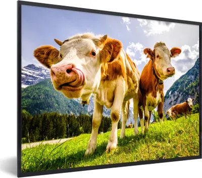 Produktbild von MuchoWow® Gerahmtes Poster Kühe - Berge - Gras - Landschaft - Alpen 40x30 cm - Poster mit Schwarzem Bilderrahmen Wandposter Rahmen Foto Bilder - Kunstposter - Wanddekorationen