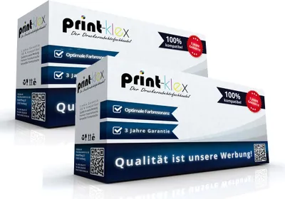 Two boxes of toner cartridges are stacked on a white surface.