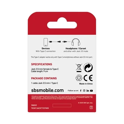 Zdjęcie produktu dla SBS TEINTJACKTYCFMW, Biały, 3.5mm, USB C, 0,09 m, Żeńska, Męska