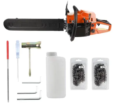 Obrázok produktu pre Benzínová motorová píla - 52 cm³, 2-taktný motor - dĺžka rezu 45 cm - 2 reťaze - určená na rezanie dreva a údržbu stromov - oranžová