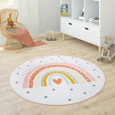 Produktbild von Kinderteppich Teppich Rund Kinderzimmer Spielmatte Babymatte Stern Mond Elefant Regenbogen Grösse Ø 80 cm Rund