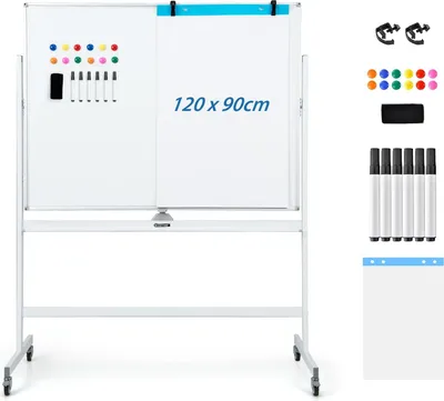 Produktbild von GOPLUS Whiteboard magnetisch mit Ständer, doppelseitiges Whiteboard mit Zubehör Set, Trocken abwischbar, mobiles Whiteboard höhenverstellbar (120 x 90cm, Weiß)