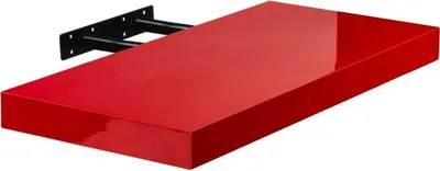 A red, high-gloss floating shelf with black metal brackets is shown against a white background.