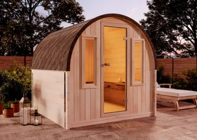 Produktbild von FinnTherm Fasssauna aus Holz ScandiPod Comfort, Outdoor-Sauna modern, Außensauna Garten mit 42 mm Wandstärke, Saunahaus 204 x 220 x 210 cm, natur 2 Fenster