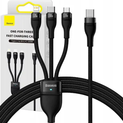 Immagine prodotto di Cavo Usb 3W1 Baseus Flash Serie 2, Usb-C + Micro Usb + Lightning, 100W, 1,5M (Czarny)