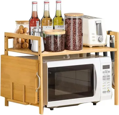 Image de Étagère pour micro-ondes - Étagère de cuisine en bambou - 52 × 30 × 35 cm - 4 crochets - Support pour planche à découper - Gris clair