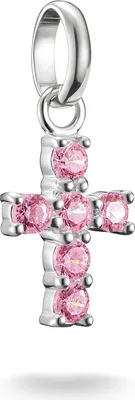 A silver cross-shaped charm with pink gemstones, suspended from a silver loop.
