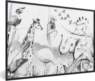 Produktbild von MuchoWow® Gerahmtes Poster Dschungel - Tiere - Aquarell - Jungen - Mädchen - Kinder - Kinder 30x20 cm - Poster mit Schwarzem Bilderrahmen Wandposter Rahmen Foto Bilder - Kunstdruck - Bild-Poster