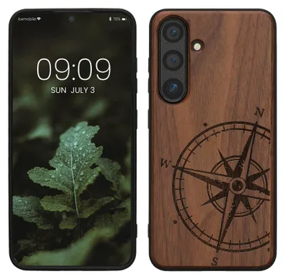 Produktbild von kwmobile Handyhülle für Samsung Galaxy S24 Hülle Holz - Case mit TPU Bumper - Stoßfestes Hardcase - Schutzhülle Cover in Dunkelbraun