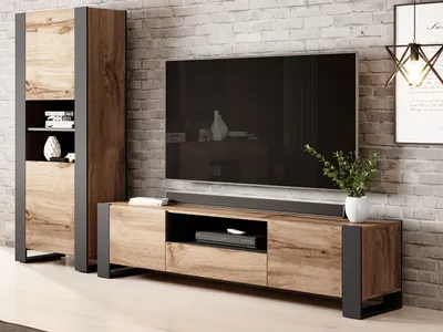 Produktbild von MIRJAN24 Wohnzimmer-Set Wood II mit TV-Lowboard und Vitrine, Modern Wohnmöbel, Komplett (Farbe: Wotan / Anthrazit)