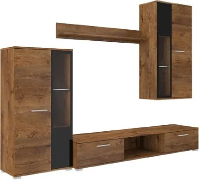A modular living room furniture set with a TV stand, a tall cabinet with glass doors, and a wall shelf.