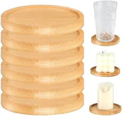 Productafbeelding van PromoHome® Houten kaarshouders - Set van 6 ronde kaarshouders - Beschermende onderzetters