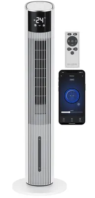 A white tower fan with a digital display, a remote control, and a smartphone showing a control app.