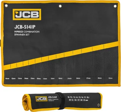 Produktbild von JCB | Rolltasche für Maulschlüssel, 14 Fächer, 10–32 mm, Werkzeugtasche mit Fächern, Werkzeugrolle für Ringschlüssel