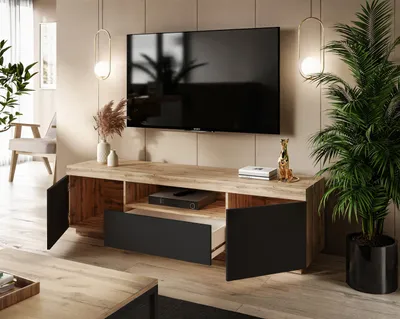 A modern living room with a TV stand, TV, and plant.