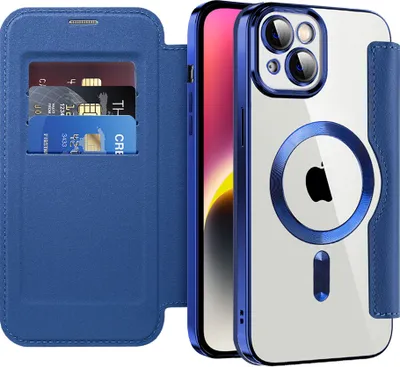 Image de Étui compatible MagSafe pour iPhone 14 Plus, étui transparent avec porte-cartes, étui en cuir avec protection de l'appareil photo bleu