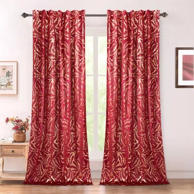 Samtvorhang mit Blatt-Goldfolie, 2er-Set, 132x274 cm, Rot