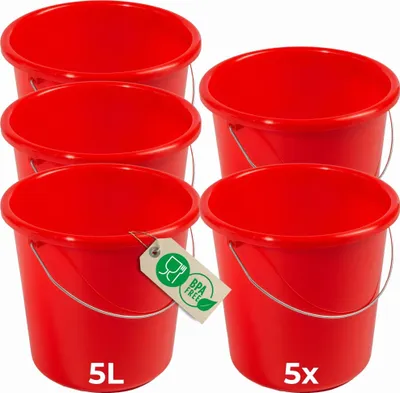 Produktbild von Novaliv 5 Stück Eimer 5L Rot mit Maßeinteilung - Putzeimer 5 Liter ⌀ 22,5 cm Praktischer Allrounder mit Skala für Haushalt & Garten ideal als Haushaltseimer, Wassereimer, Wischeimer, Bucket