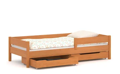 Produktbild von Kinderbett 140x70 Kinderbett mit Rausfallschutz & Lattenrost Teak 70 x 140 für Mädchen und Jungen Massivholz Kiefer und MDF Möbelplatte, ohne Matratze, mit Schubladen