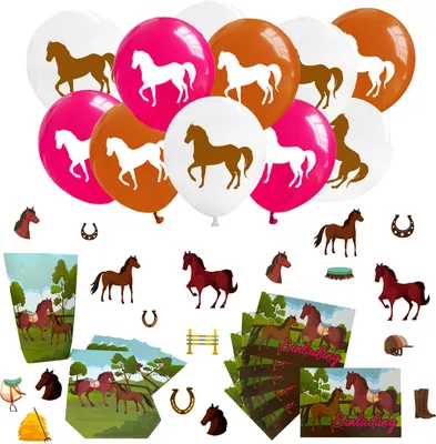 Produktbild von Oblique Unique Pferde Deko Set - Geschenktüten + Einladungskarten + Konfetti + Luftballons für Kinder Geburtstag Motto Party