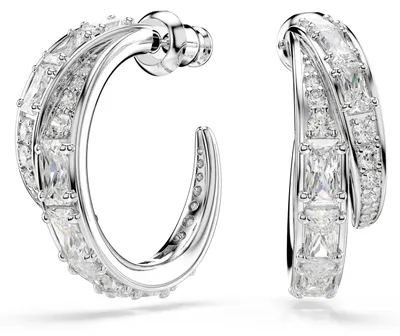 Image de Boucles d'oreilles créoles Swarovski, modèle Vienne, serti de cristaux à découpe mixte, couleur blanche, plaqué rhodium