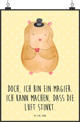 Produktbild von Mr. & Mrs. Panda Bild Hamster Hut DIN A2 - Gelb Pastell - Geschenk, kunstdruck poster, Zylinder, wanddeko, Magier, Plakat, Wandbild, drucke, Zwerghamster, Lustige Sprüche